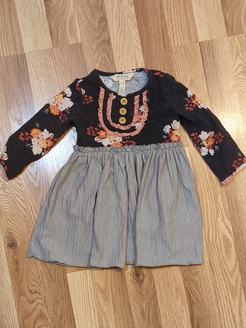 Floral Black & Gray Long-Sleeve Dress for Girls